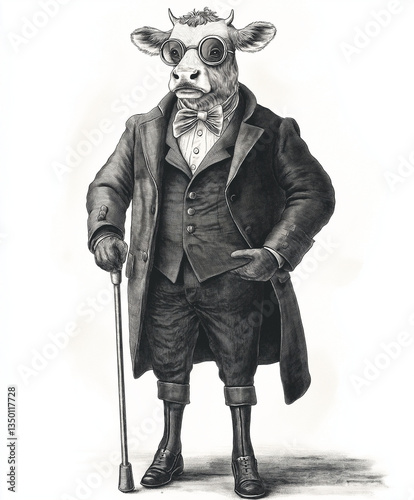 Cow Wearing Suit, Glasses, and Walking Stick - Black Vintage Engraving on White Background, Modern Retro Woodcut Style, Stylish Funny Gentlemen Bull Mascot