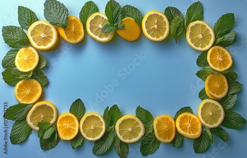 Lemon and Mint Arrangement on Blue Surface Creates a Fresh and Vibrant Display