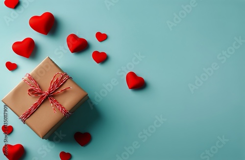 Creative Gift Arrangement With Red Hearts on a Blue Background for Special Oc...