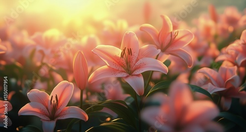 Blooming Pink Lilies in a Sunlit Garden During Golden Hour