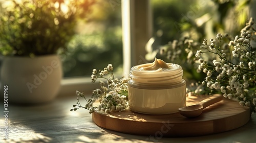 Luxurious Cream Placed on Wooden Platform Surrounded by Lavender Flowers in T...