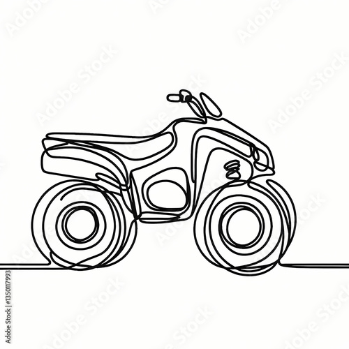 Continuous one-line drawing of an ATV, abstract flowing lines forming a compact and rugged silhouette that captures off-road energy, freedom of movement, and bold mechanical adventure