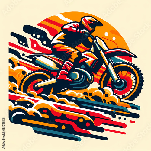 Flat vector illustration of a dirt bike on a bumpy trail, clean geometric shapes and vibrant high-energy colors emphasizing motion, speed, and the spirit of off-road motocross adventure