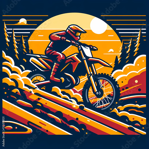 Flat vector illustration of a dirt bike on a bumpy trail, clean geometric shapes and vibrant high-energy colors emphasizing motion, speed, and the spirit of off-road motocross adventure