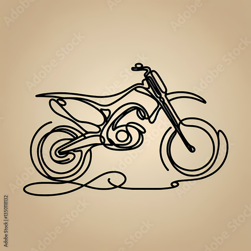 Continuous one-line drawing of a dirt bike in abstract style, dynamic flowing lines creating a sharp and bold silhouette, representing off-road motion, mechanical power, and wild freedom