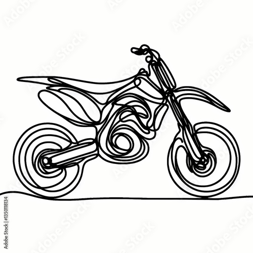 Continuous one-line drawing of a dirt bike in abstract style, dynamic flowing lines creating a sharp and bold silhouette, representing off-road motion, mechanical power, and wild freedom