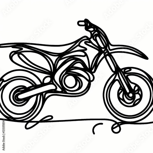 Continuous one-line drawing of a dirt bike in abstract style, dynamic flowing lines creating a sharp and bold silhouette, representing off-road motion, mechanical power, and wild freedom