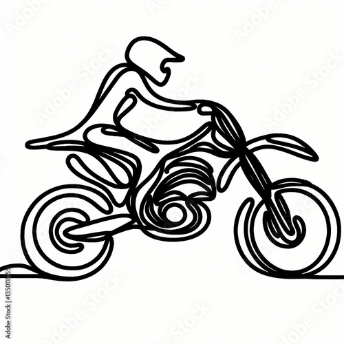 Continuous one-line drawing of a dirt bike in abstract style, dynamic flowing lines creating a sharp and bold silhouette, representing off-road motion, mechanical power, and wild freedom