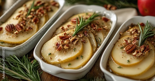 Delicious Baked Pears With Pecans and Rosemary Garnishment Prepared in a Rust...