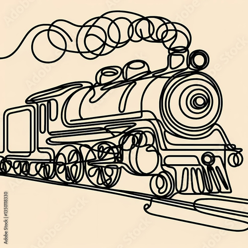 Continuous one-line drawing of a historic steam train, abstract curves forming a strong silhouette with trailing smoke, evoking vintage charm, motion, and the spirit of early industrial travel