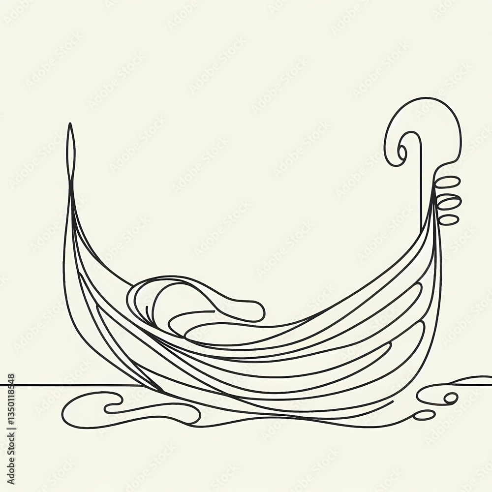 Fototapeta premium Continuous one-line drawing of a Venetian gondola, abstract curves forming a graceful and elegant silhouette, capturing the serene beauty of traditional Venetian canals and water transport