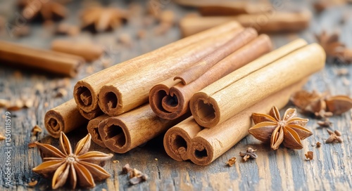 Cinnamon Sticks and Star Anise Arranged on Rustic Wooden Surface for Culinary...