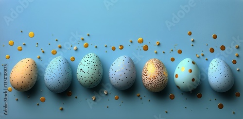 Colorful Decorative Eggs Arranged on a Blue Background With Golden Confetti f...