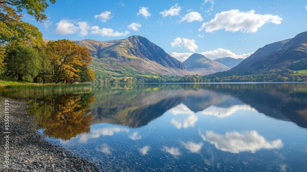 Obraz premium Serene Lake Reflection Surrounded by Majestic Mountains and Trees