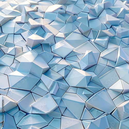 Abstract fragmented surface of light blue and white polygonal shapes with sharp edges and subtle shadows. Represents a fractured or crystalline texture.

