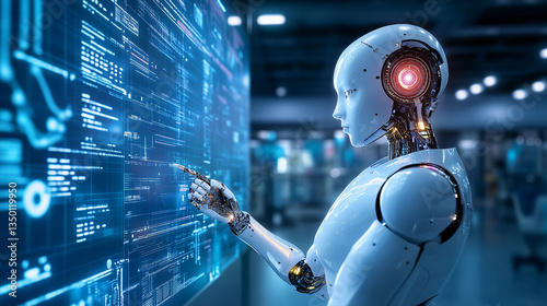 Ultra-Realistic Futuristic AI Robot in a High-Tech Laboratory with Holographic Displays