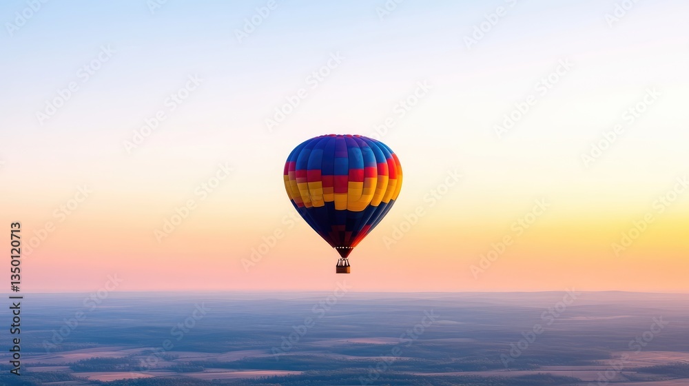 Fototapeta premium Colorful hot air balloon soaring above a landscape at sunrise