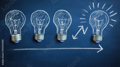 Idea evolution, progression, and innovation concept with light bulbs drawn on chalkboard.