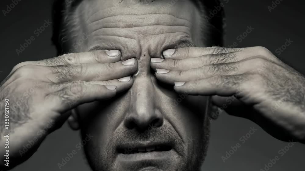 Close-up of distressed man covering eyes with hands, expressing denial or emotional distress, unwilling to see a harsh reality. Dramatic black and white film noir portrait.
