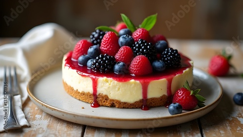 Wallpaper Mural Classic New York-style cheesecake with berry compote on a rustic wooden table Torontodigital.ca