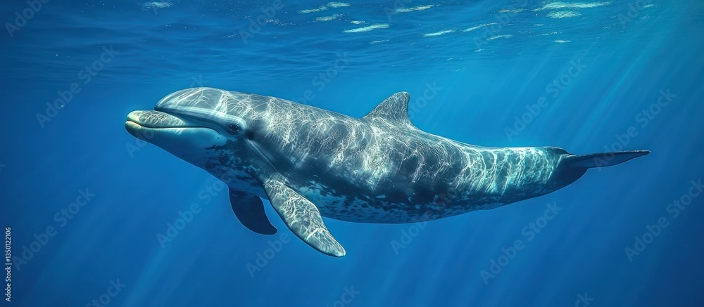 Fototapeta premium A dolphin swims gracefully underwater, sunlight illuminating its sleek body.