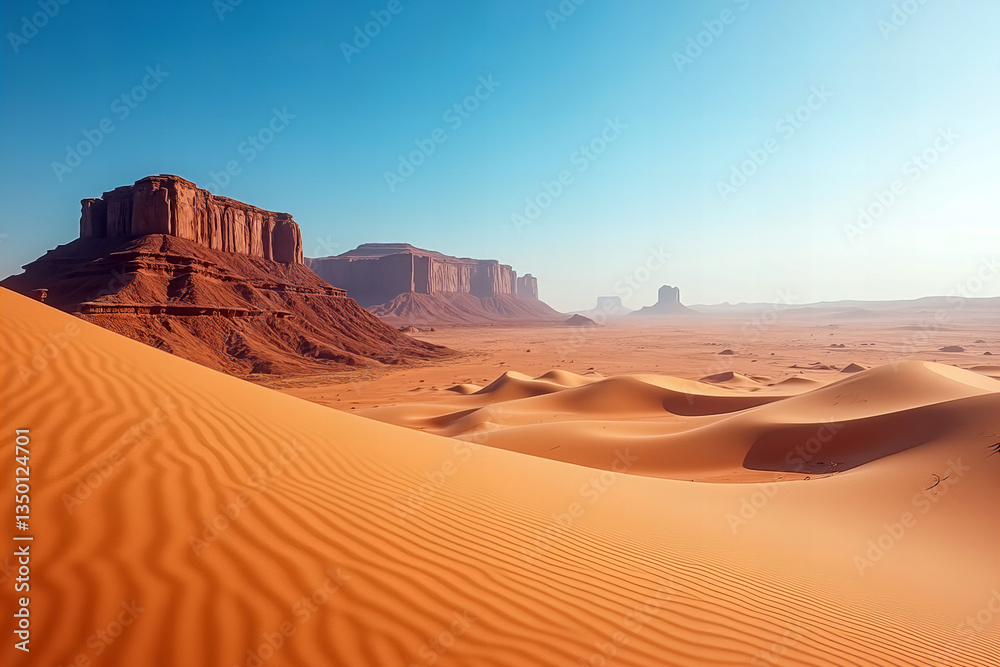 Naklejka premium Expansive Desert Landscape with Rolling Sand Dunes and Distant Rock Formations Under Clear Blue Sky in a Southwestern United States Setting