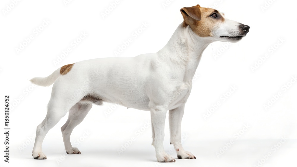 A studio shot of a Jack Russell Terrier standing in profile against a white background. A studio shot of a Jack Russell Terrier standing in profile against a white background.