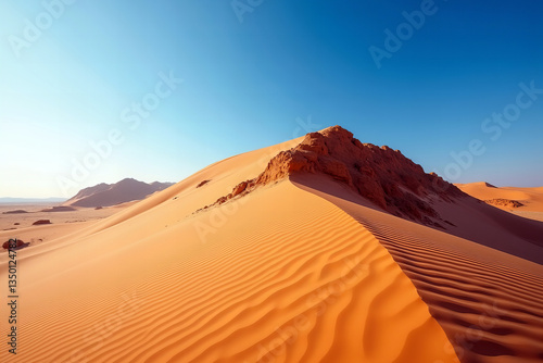 Golden Sand Dunes Under Clear Blue Sky in Libyan Desert Sunlight on Eroded Sandstone Ridges in Remote Landscape