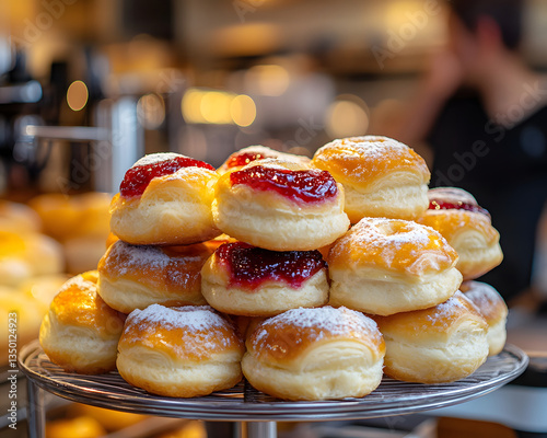 A tempting tower of donuts with vibrant fruit fillings, inviting indulgence.