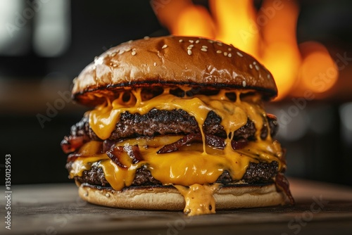 Juicy double cheeseburger bacon fire background restaurant food