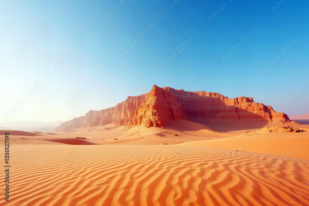 Naklejka premium Warm Sandy Desert Landscape with Ripples and Blue Sky Scenic Dunes and Distant Mountains Under Clear Sunny Sky In Arid Climate