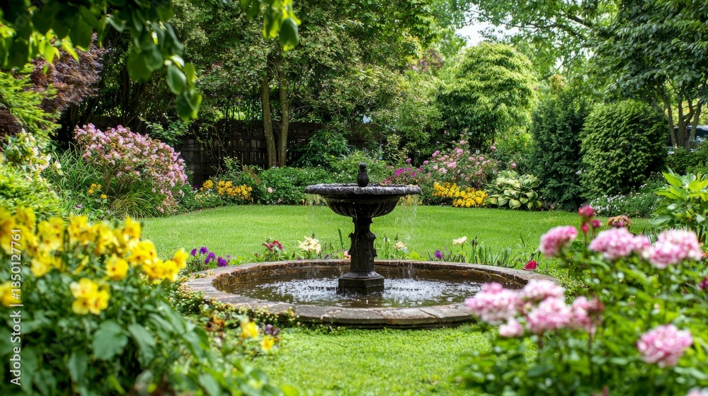 Tranquil Garden Scene with Elegant Fountain Surrounded by Flowers Tranquil Garden Scene with Elegant Fountain Surrounded by Flowers