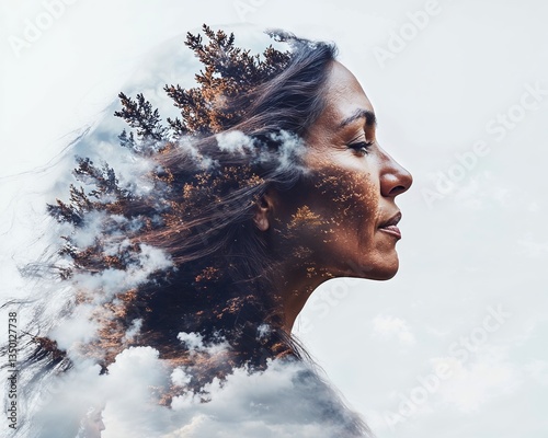 Earth day, planet minded, nature portrait.  Mature native woman with double exposure blending nature in serene landscape