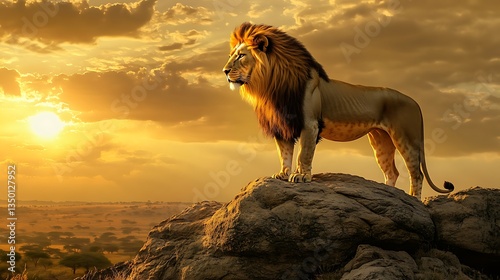 A majestic African lion standing on a rocky outcrop at sunset