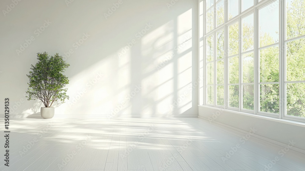 Fototapeta premium Bright and Minimalist Interior with Large Windows and Indoor Plant