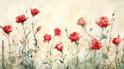 Watercolor painting of vibrant red roses in a field