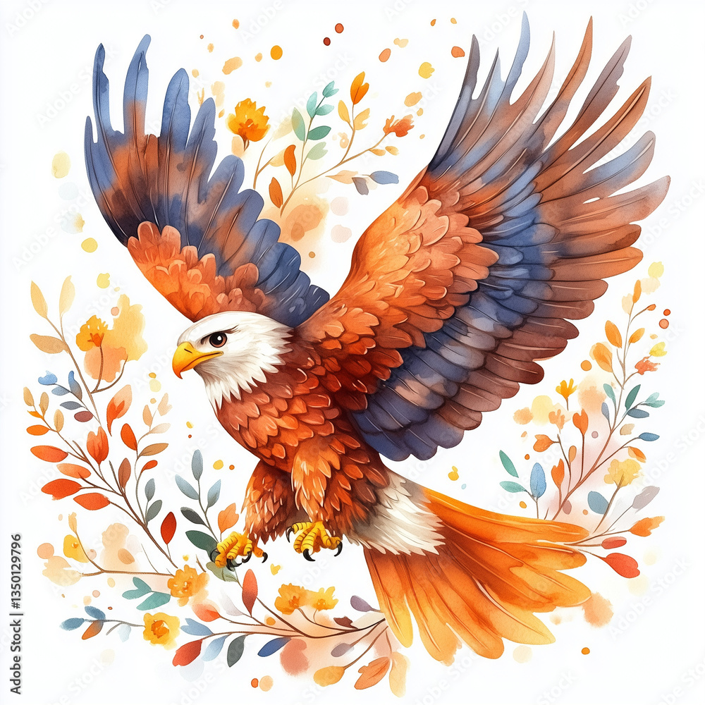 Obraz premium Watercolor Style Eagle with Cute Flowers