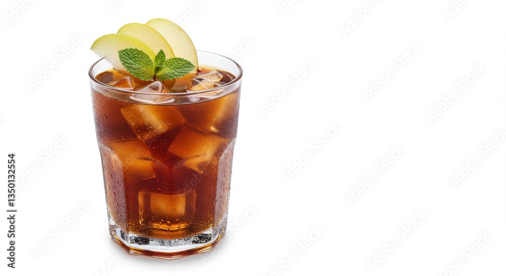 A refreshing iced beverage with apple slices and mint garnish on a white background for summer time A refreshing iced beverage with apple slices and mint garnish on a white background for summer time