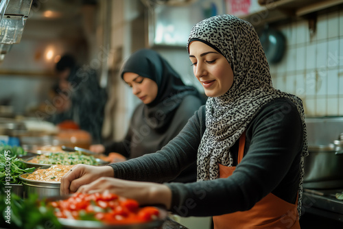 Muslim women working in restaurant kitchens
