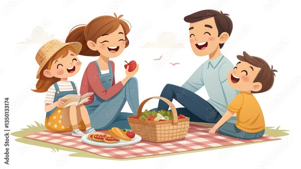 A family enjoying a picnic, happy expressions, white background, clean digital illustration. A family enjoying a picnic, happy expressions, white background, clean digital illustration.