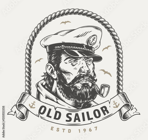 Old sailor smoking pipe with nautical themes