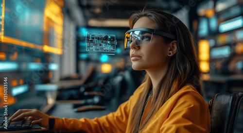 A businesswoman wearing AI-powered smart glasses
