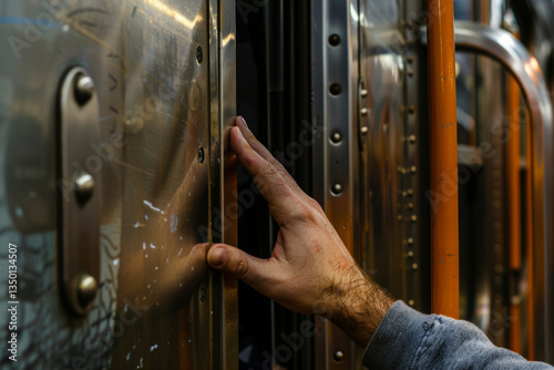 A close-up of a rough, slightly scarred hand touching the metallic surface of an old subway train door.