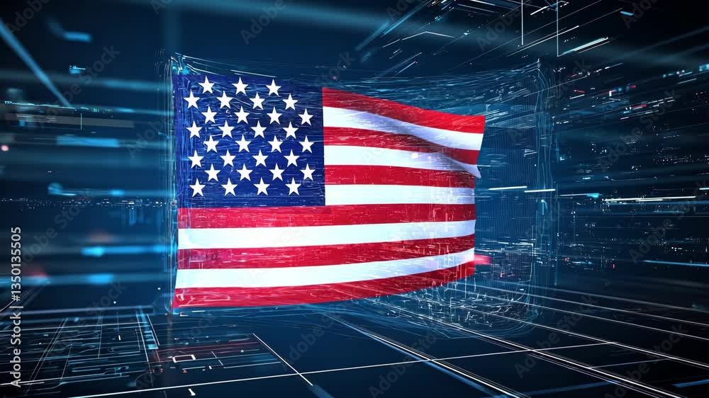 A holographic American flag floating in a futuristic digital space with shimmering effects digital