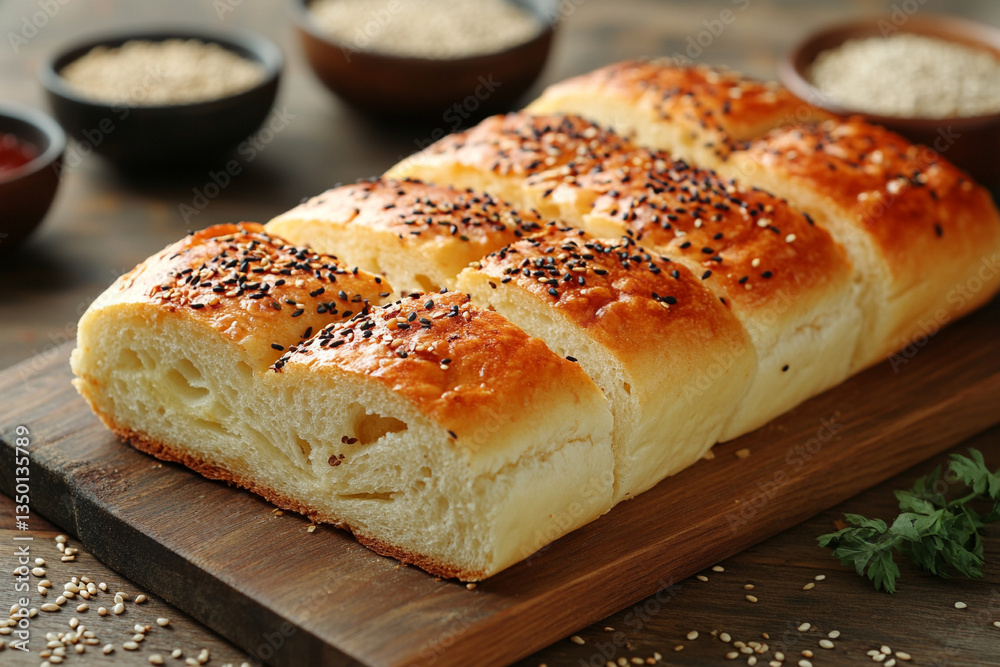 Freshly baked bread with sesame seeds on wooden board Freshly baked bread with sesame seeds on wooden board