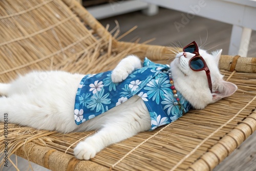 A funny white cat in a blue Hawaiian shirt and sunglasses lies on a straw chaise longue