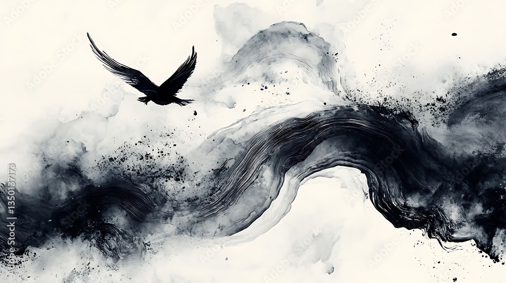 Fototapeta premium Raven Soaring with Ink Abstract.