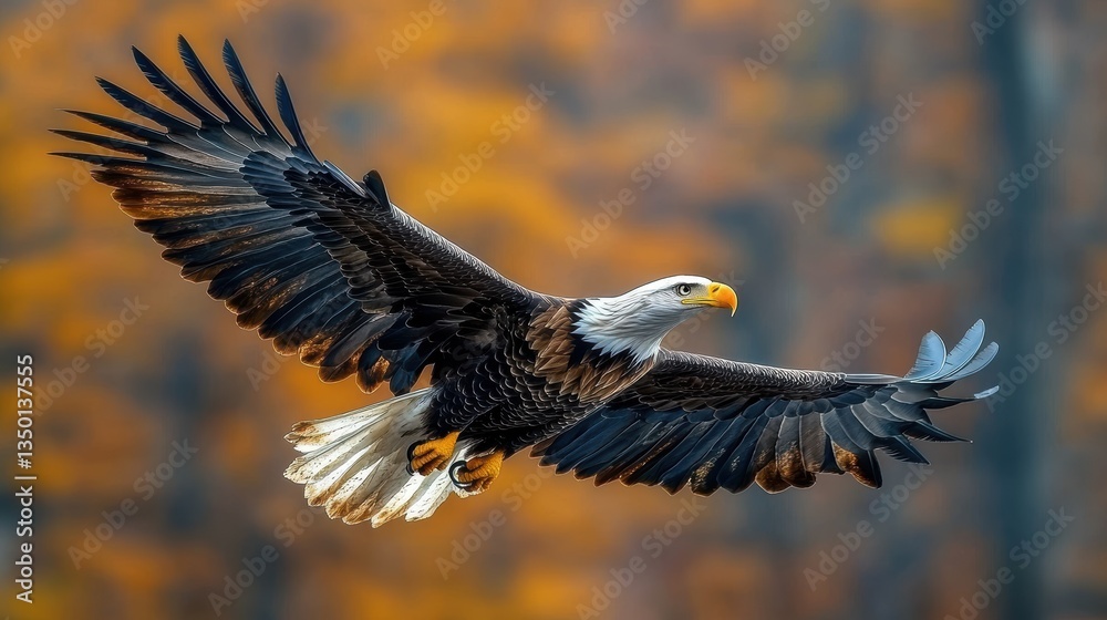 Obraz premium Majestic eagle soaring through colorful autumn foliage in a serene landscape