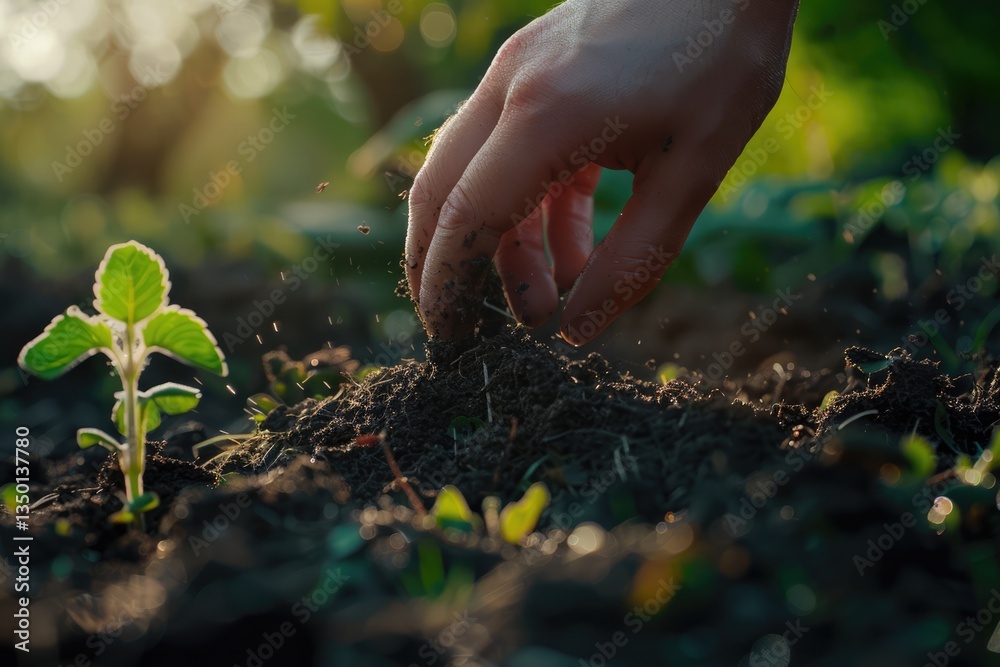 Fototapeta premium Hand Planting a Seed in Soil with Sunlight