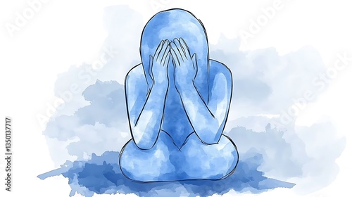 Blue figure sitting, hands covering face, watercolor style.